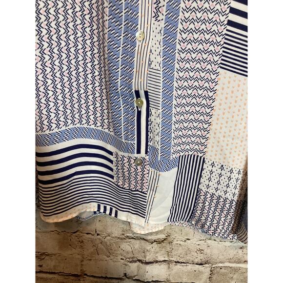 Rose + Olive Top Womens 2X Blue & Pink Patchwork Mixed Print Button Up Artsy - Picture 7 of 14